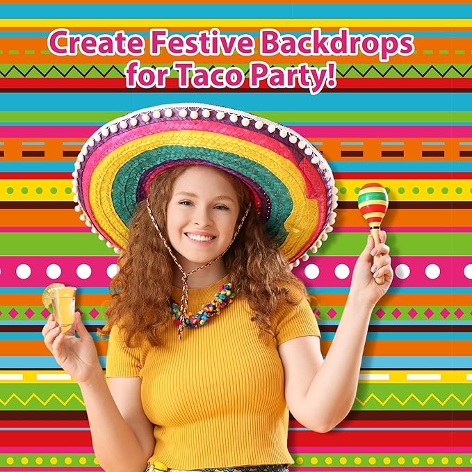 Kochorie 1 Roll 100 Ft x 54 Inch Mexican Fiesta Party Tablecloth Roll with Cutting Box Disposable Plastic Mexican Striped Table Cover Backdrop for Fiesta Taco Party Supplies