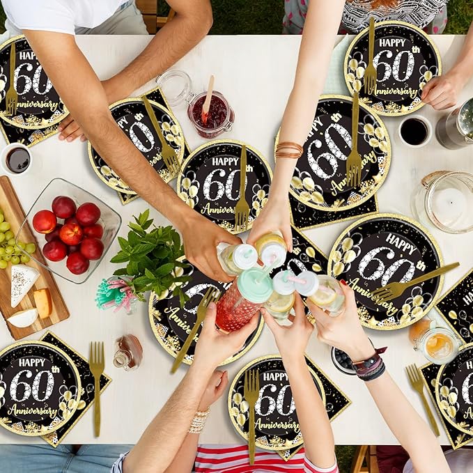 Qyeahkj 50 Guests 60th Anniversary Plates and Napkins Party Supplies 60th Wedding Party Decorations Disposable Tableware Set Dinnerware Favor for Birthday Women, 200PCS