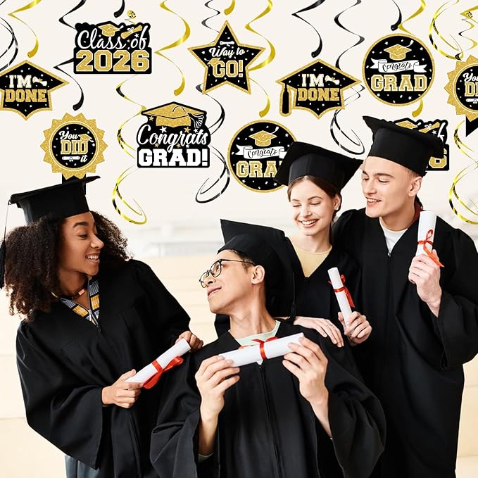 2026 Graduation Party Decorations - 30 Pcs Black Gold Class of 2026 Congrats Grad Hanging Swirl Ceiling Decor for Home School Classroom Graduation Party Supplies