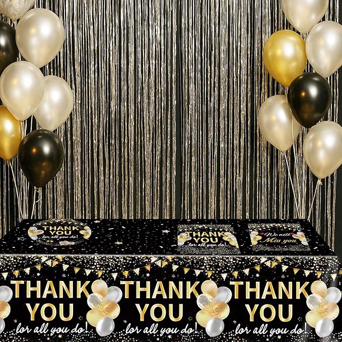 41Pcs Black Gold Thank You Decorations Thank You for All You Do Tableware Disposable Paper Plates Napkins Tablecloth丨Teacher Employee Staff Doctors Nurse Pastor Appreciation Week Party Decor
