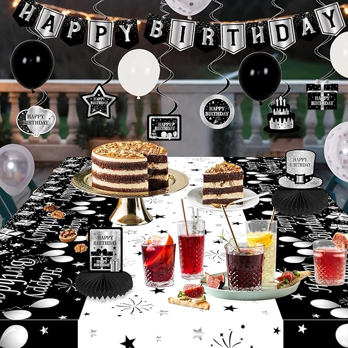 Black and Silver Birthday Decorations, BIack Birthday Decoretions for Men Women Boys Girls with Black Happy Birthday Banner Tablecloth Backdrop Balloons Arch Garland Kit Decorations Party Supplies