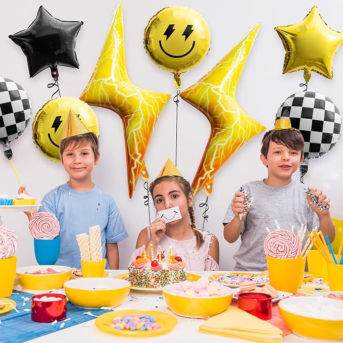 8PCS 18 Inch Smile Party Checkered Helium Balloons, Yellow Smile Face Prppy Theme Birthday Party Decorations, Yellow Lightning Balloons for Wedding Decor Event Supplies
