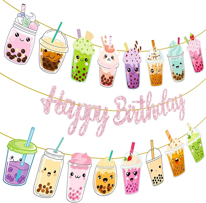 Bubble Tea Birthday Party Banners 3Pcs Boba Tea Birthday Party Decorations Pink Happy Birthday Banners Pearl Milk Tea Themed Banner Decorations for Bubble Tea Party Baby Shower Supplies