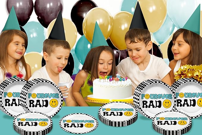 Fourever Rad Smiley Face Fourth Birthday - 32 Piece Disposable Party Supplies - Decorations for Boy's 4th Birthday Round Party Plates - Large 9" Paper Plates In Bulk