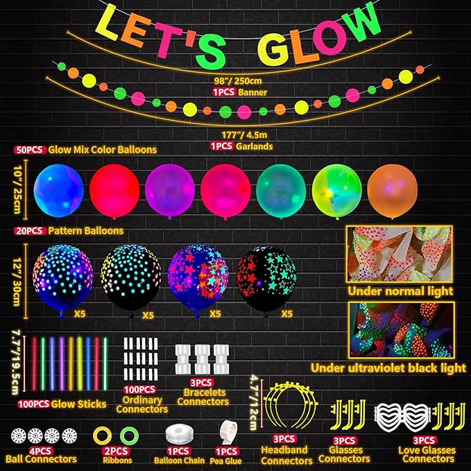 458 Pcs Glow Party Supplies - Include Balloons, Banner, Glow Sticks, Tableware and Tablecloths for Neon Party Decorations, Serves 20