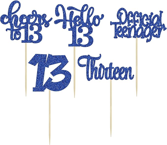 30Pcs 13th Birthday Cupcake Toppers Hello 13 Cupcake Picks Official Teenager Cheers to 13 Years Old Cake Decorations for 13th Birthday Anniversary Party Supplies Deep Blue Glitter