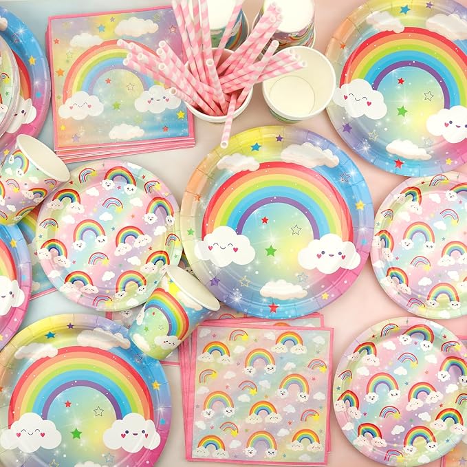 Rainbow Party Decoration - Rainbow Birthday Party Tableware Supplies Includes Plates, Cups, Napkins, Tablecloth, Straws (40)