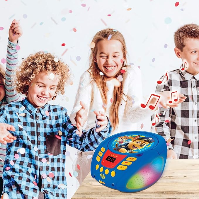 Lexibook - Paw Patrol - Bluetooth CD Player for Kids – Portable, Multicoloured Light Effects, Microphone Jack, Aux-in Jack, AC or Battery-Operated, Girls, Boys, Blue/Red, RCD109PA