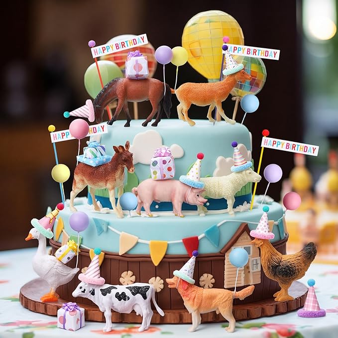 Weysat 37 Pcs Farm Animal Birthday Party Decorations, Farm Cake cupcake Toppers with Mini Hats Miniature Flags Gift Boxes Balls Bows Figure Models for Farmhouse Birthday Party Decor Supplies Adults