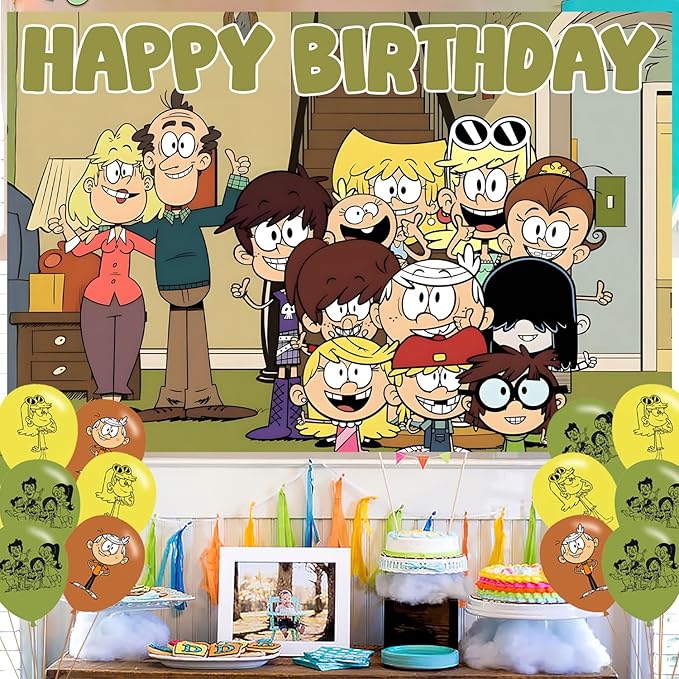 The Loud House Birthday Party Decoration,Loud House Party Photo Background 5 x 3 FT and 18 Pcs Balloon,Merch Party Backdrop Supplies