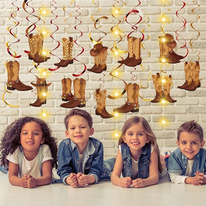 Capoda 57 Pcs Western Cowboy Party Decorations Cowboy Boot Hanging Swirl Decorations with Led Lights West Boot Banner Ceiling Streamers for Wild West Themed Birthday Party Supplies Decor