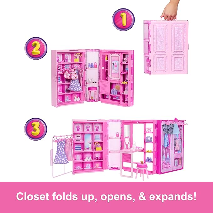 Barbie Dream Closet Toy Playset with Clothes & Accessories, 3-ft-Wide with 25+ Pieces, 4 Complete Fashion Looks