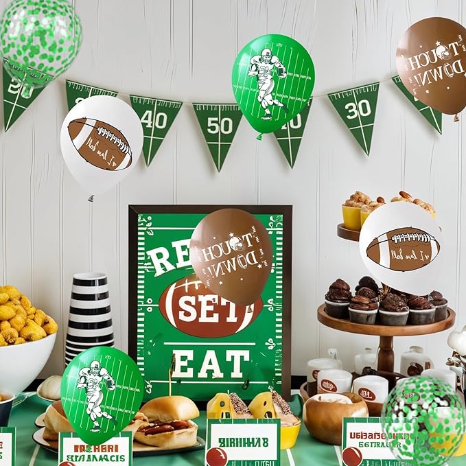 Football Balloons,60Pcs 12 Inch Green Brown White Green Confetti Football Party Balloons for Boy Football Birthday Sport Party Decorations Sports Baby Shower Graduation Party Supplies