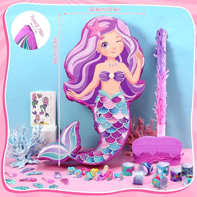 Hungdao 51 Pcs Mermaid Party Favors Mermaid Piñata Hairpin Slap Bracelets Ring Tattoo Sticker Under the Sea Birthday Party Supplies Classroom Prize Gift Goodie Bag Piñata Stuffers Fillers