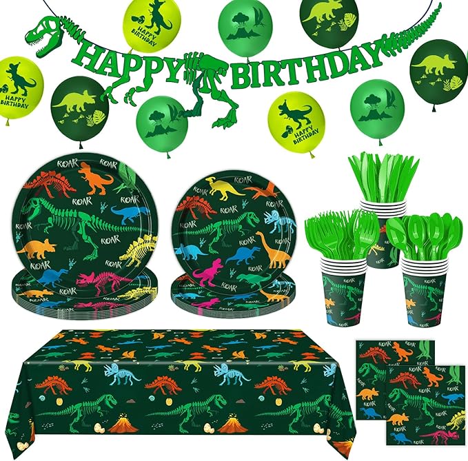 166 PCS Dinosaur Birthday Decorations, Dinosaur Party Supplies Includes Plates, Cups, Napkins, Cutlery, Banner, Tablecloth, Balloons for Boy Dino Party Decorations, Serves 20