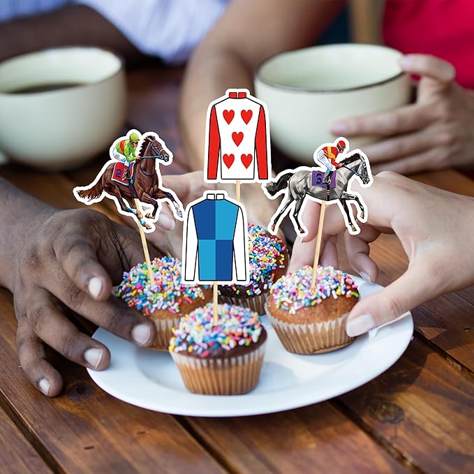 36 PCS Horse Cupcake Toppers, 24 Style Derby Decorations, Clothing Jockey Horse Racing Derby Toothpicks Run for the Rose Cupcake Toppers, Run for the Roses Theme Horse Party Supplies