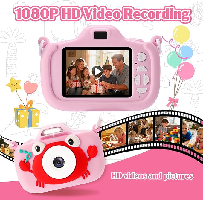 Kids Camera Toys for 3-9 Year Old Girls Boys. 2.4-inch Screen Children's Digital Camera with Fill Light,Christmas/Birthday Gift for Children.Comes with a 64G TF Card, Silicone Protective case/Lanyard