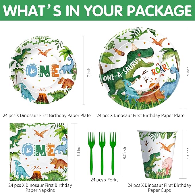 Dinosaur First Birthday Decorations Tableware - Dinosaur 1st Birthday Party Supplies For Boy, Paper Plate, Cup, Napkin, Fork, Dino Party Decorations, Serves 24