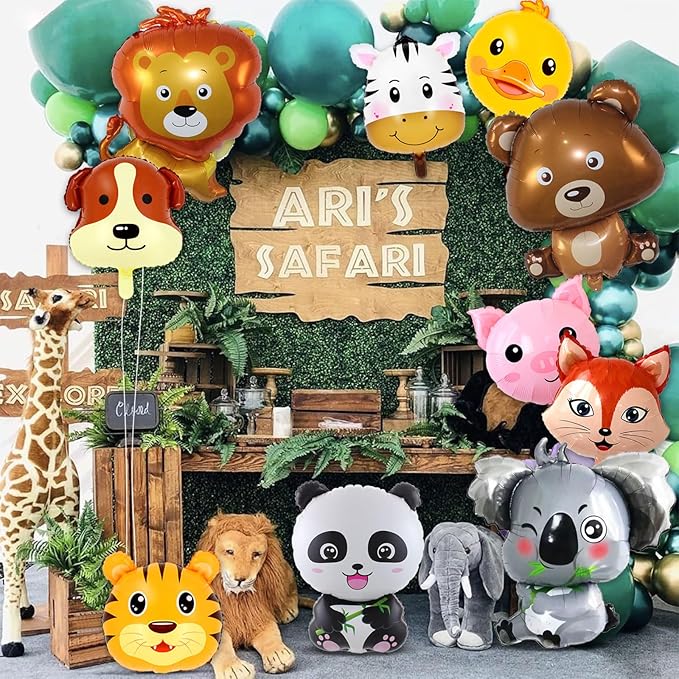 10 Pcs Safari Animal Balloons for Jungle Birthday Party Decorations - Giant Elephant, Lion, Monkey, Panda, Zebra Foil Balloons for Boys Wild One Baby Shower Zoo Party