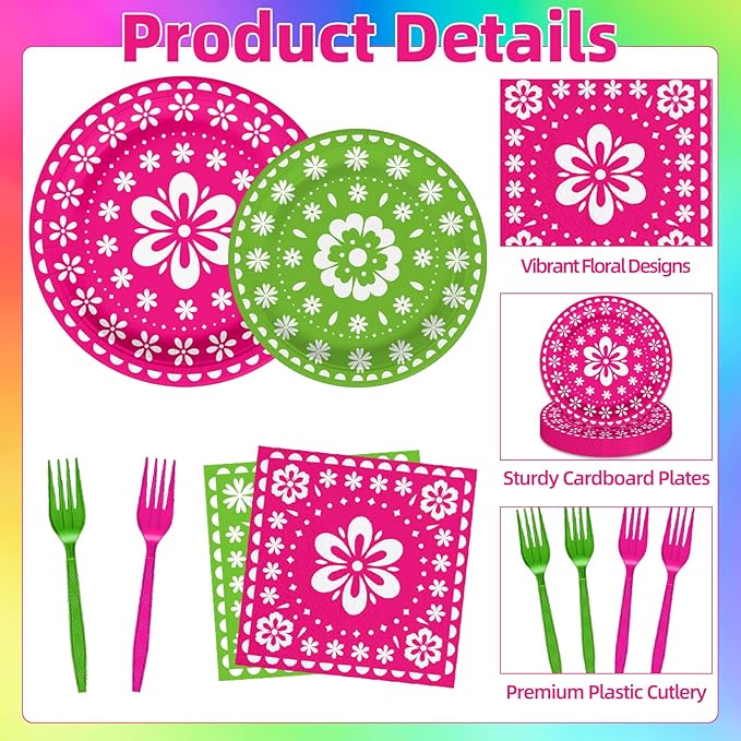 96 Pcs Mexican Fiesta Party Supplies Set, Serves 24 – Colorful Papel Picado Floral Paper Plates, Napkins, and Forks, Disposable Tableware for Cinco de Mayo, Birthday, and Fiesta Themed Decorations