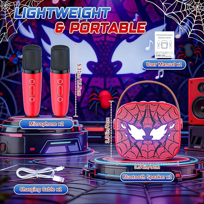 Spider Mini Karaoke Machine for Kids - TOP Karaoke Toys for 3 4 5 6 7 8 9 10 11 12+ Year Old Boys Girls, Portable Bluetooth Speaker with 2 Wireless Microphones, Kids Christmas Birthday Party Gifts
