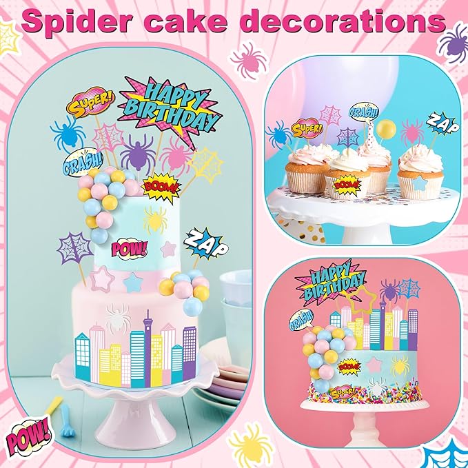 Geelin 61 Pcs Spider Birthday Cake Topper Pink Spider Girl Cupcake Topper Pastel Party Supplies Cartoon Party Decorations Balls Webs Stars City Cake Border Decor for Girls Boys Birthday Baby Shower