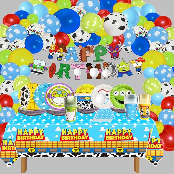 Cartoon Story Birthday Party Supplies 2nd Bday 134pcs Two Infinity and Beyond Birthday Decorations include Plates Napkins Cups Tablecloth Banner for Boys 1st 2nd 3rd 4th 10th Bday Serve 30 Guest