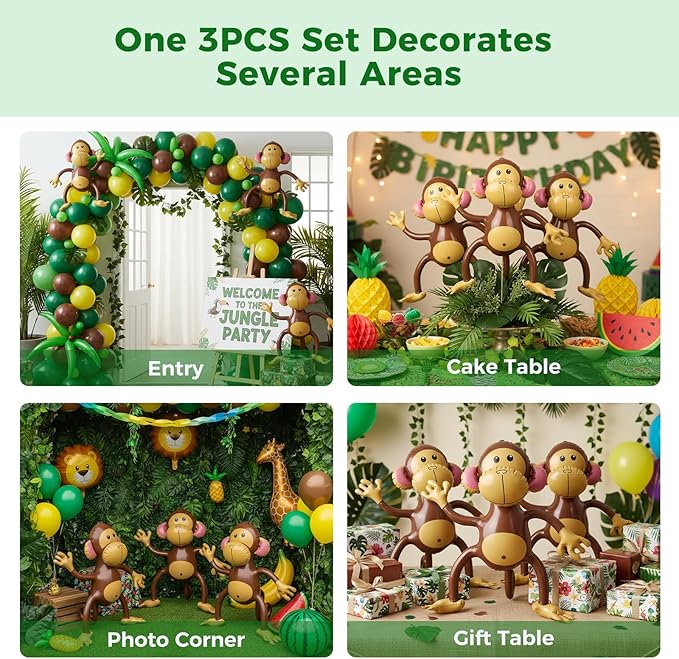 FUTUREPLUSX 3 PCS Inflatable Monkeys, Jungle Animal Balloons Jungle Themed Birthday Party Decorations Baby Shower Party Supplies