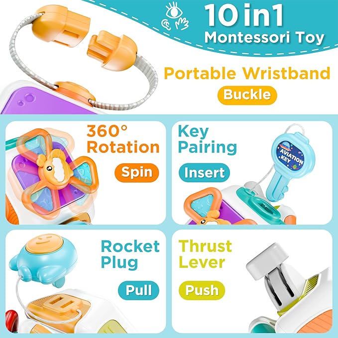 iPlay, iLearn 10 in 1 Baby Busy Board Cube, Montessori Sensory Toy Toddler 1-3, Infant Carseat Plane Travel Game, Kid Education Learning Activity, Birthday Gift 9 10 12 18 Month 1 2 Year Old Boy Girl