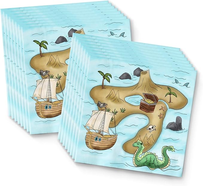 Pirate Treasure Map Birthday Party Supplies - Treasure Hunt Party Kit for 16 Includes Plates, Napkins and Cups
