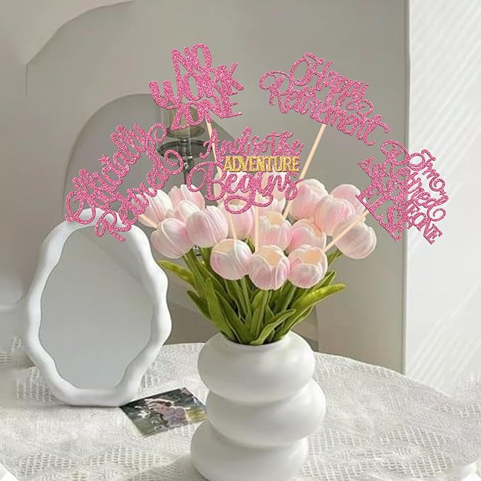 15 PCS Happy Retirement Centerpiece Sticks Officially Retired Table Flower Centerpieces Sticks No Work Zone Floral Decorations for Retirement Theme Farewell Birthday Party Centerpieces Supplies Pink
