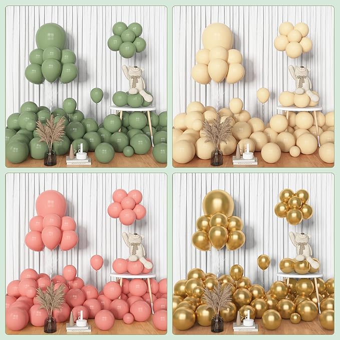 Amandir 153pcs Retro Green Pink Balloon Garland Arch Kit, Different Sizes 18 12 10 5 inch White Dusty Pink Latex Metallic Confetti Balloons for Easter Jungle Safari Woodland Birthday Party Decorations