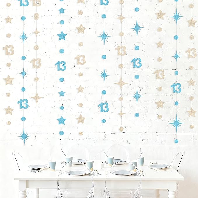 Champagne Gold Blue 13th Birthday Decorations Number 13 Circle Dot Star Garland Streamer Banner Backdrop for Girls Boys Official Teenager Cheers to 13 Years Old Happy 13th Birthday Party Supplies
