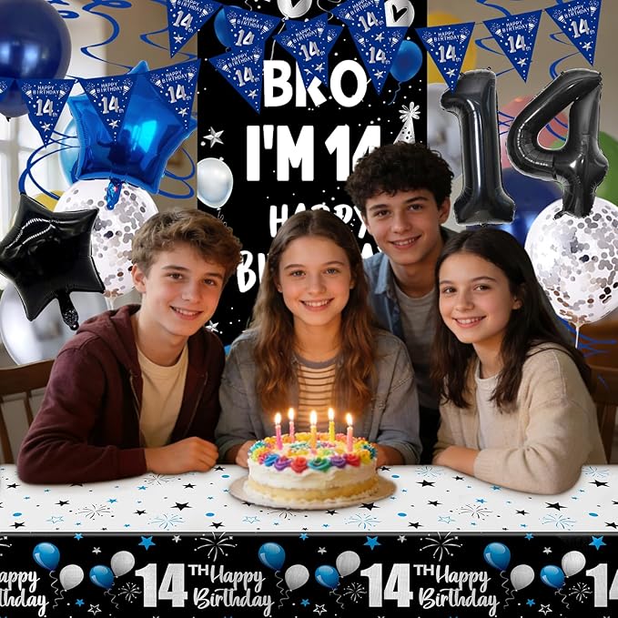 14th Birthday Decorations for Boys Girls, Dark Blue 14 Year Old Bday Decorations with Happy 14th Birthday Banner Backdrop Tablecloth, Party Supplies with 14 Balloon Numbers, Triangle Flag, Foil Stars