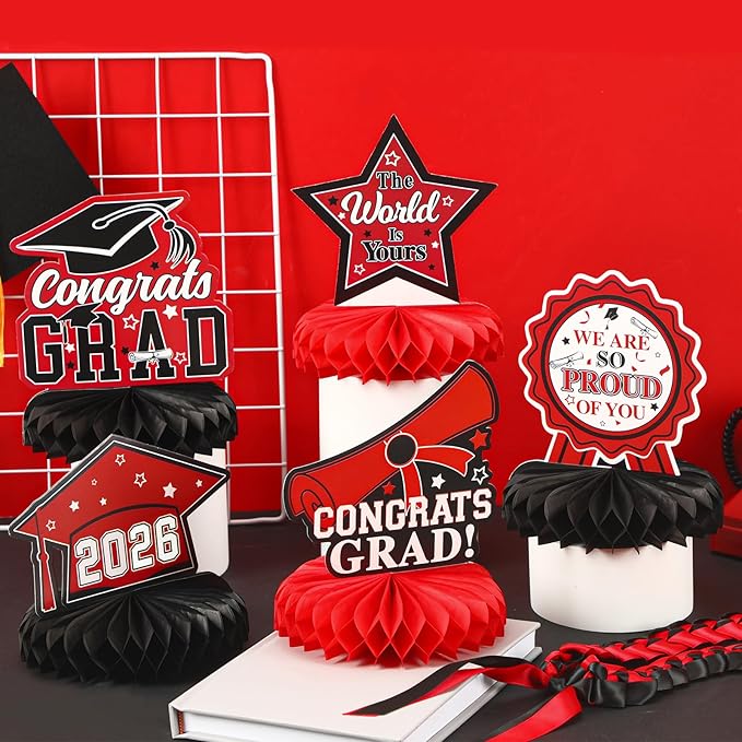 10 PCS Graduation Party Decorations Class of 2026,Congrats Grad Honeycomb Centerpiece Red and Black Congratulate Graduation Table Toppers for Graduation Party Favor Supplies