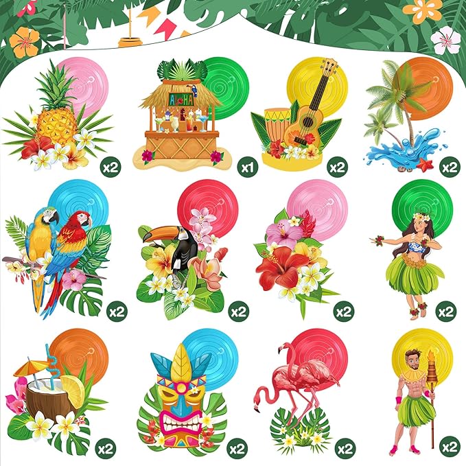 Outus 30 Pieces Hawaiian Luau Birthday Party Hanging Swirl Decorations, Flower Tropical Palm Flamingo Sign Foil Ceiling Decor for Floral Tropical Party Summer Beach Pool Tiki Supplies(Bird)