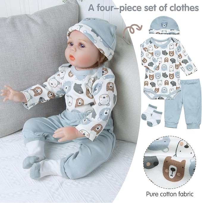 12 Pcs Reborn Baby Doll Clothes Set for 17-22 Inch Babydolls, Eazy Bear Reborn Baby Doll Clothes and Accessories with Plush-Finish Backpack, Beer hat, and Clothes for Realistic Babydolls