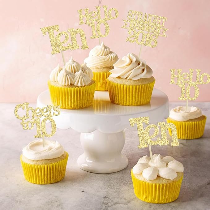 Ephlyn 24Pcs Happy 10th Birthday Cupcake Toppers Glitter Ten Cupcake Picks Hello 10 Cheers to 10 Years Cake Decorations for 10th Birthday Anniversary Party Decorations Supplies Gold