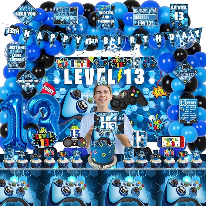 13th Birthday Decorations for Boys, 150Pcs Blue Video Game level 13 Party Supplies for Boy 13th Birthday - Backdrop, Banner, Balloons, Tablecloth, Centerpieces, Hanging Swirls, Wall Signs