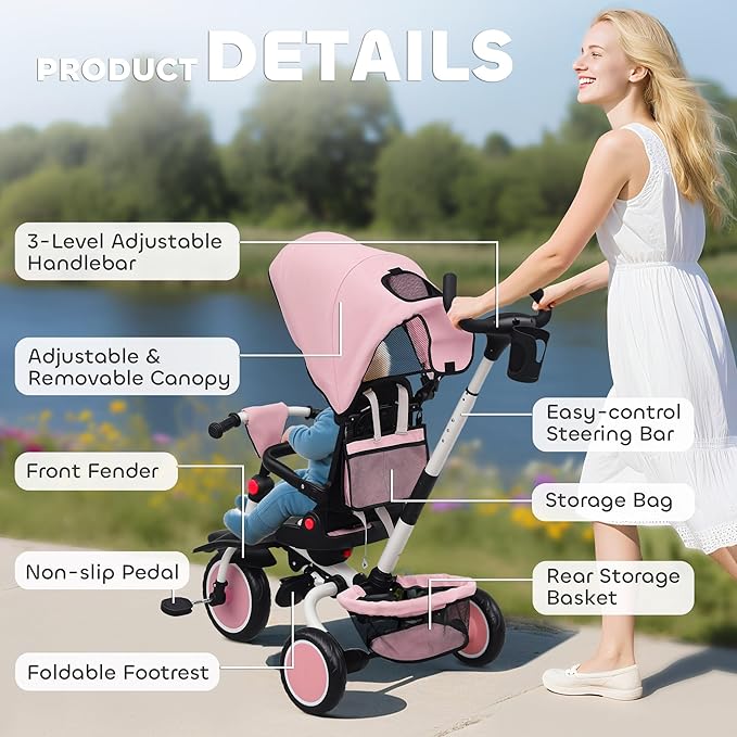 Qaba Kids Tricycle, 6 in 1 Foldable Baby Trike with Adjustable Push Handle, Tricycle Stroller with Removable Canopy, Reversible Seat, Safety Harness, Detachable Guardrail, Storage for 1-5 Years, Pink