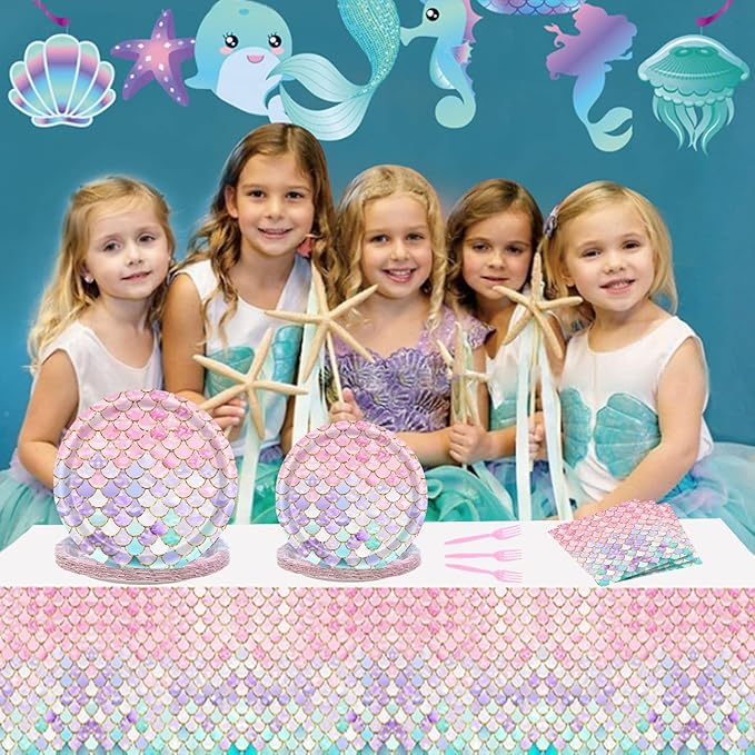 96 Pcs Mermaid Birthday Party Decorations Plates Set for 24 Guests,Little Mermaid Party Supplies Ocean under the Sea Tableware Plate, Fork, Napkins for Princess Girls Baby Shower