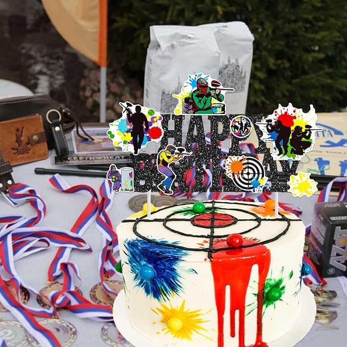 Paintball Birthday Cake Topper Glitter Black Paintball Birthday Party Decorations Paintball Themed Splatter Splash Cake Picks Decor for Paint Ball Shooting Game Sport Party Supplies