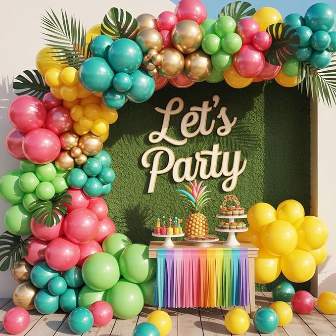 Tropical Balloons Kit,12 Inch Hawaiian Balloons Hot Pink Orange Teal Green Metallic Gold Latex Colorful Balloon for Baby Shower Summer Birthday Party Decorations