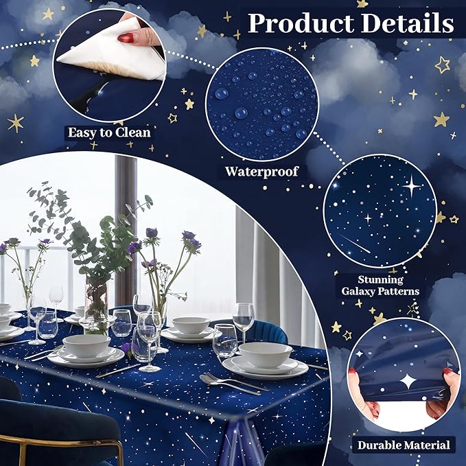 Kochorie 100 Ft X 54 Inch Space Galaxy Tablecloth Roll with Cutter Box Disposable Plastic Blue Galaxy Table Cloth Starry Night Wall Backdrop for Space Star Theme Birthday Baby Shower Party Decorations
