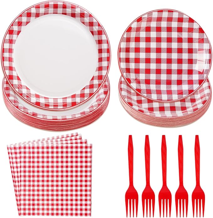 96 Pcs Red Gingham Party Decorations Red and White Buffalo Checked Plaid Plates and Napkins Disposable Gingham Tableware Sets for Summer Pizza BBQ Picnic Baby Shower Birthday Party Supplies Serves 24