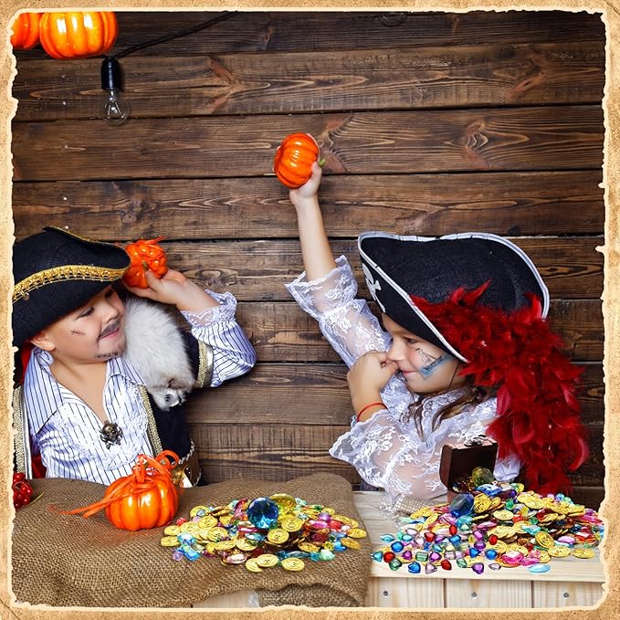 Gejoy 868 Pcs St. Patrick's Day Pirate Party Favors Pirate Treasure Jewels and Gold Fake Coins Booty Chest Play Set with Drawstring Bag for Summer Pool Diving Adventure Themed Party Decorations