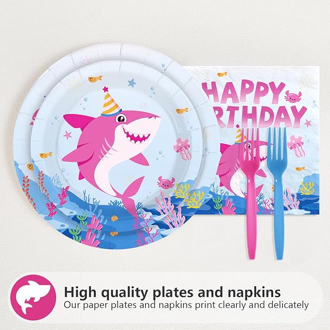 96Pcs Pink Shark Birthday Party Decorations for Baby Girl Shark Plates and Napkins Pink Babyshark Tableware Set for Girls Ocean Beach Under The Sea Birthday Party Supplies，Serves 24