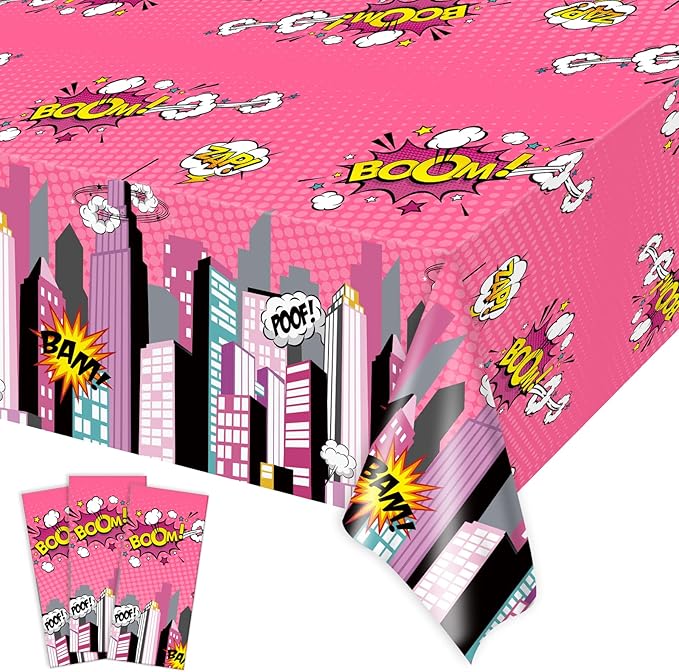 gisgfim 3 Pcs Super Girl Hero Party Tablecloth Pink Super Girl Hero Theme Party Supplies Decorations for Kids Girls Disposable Plastic Table Cover 105 x 54 inch