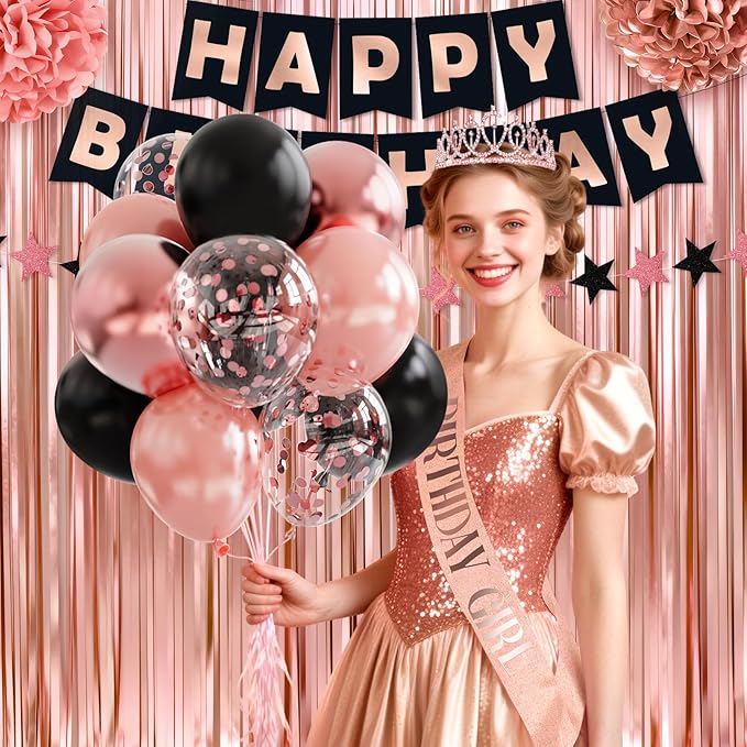 Rose Gold Birthday Decorations, 44Pcs Black & Rose Gold Birthdays Decorations for Women Include Birthday Girl Sash Crown Fringe Curtain & Foil Balloons for Women Girls Party Supplies