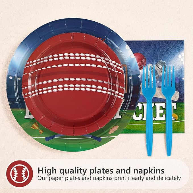 96Pcs Cricket Birthday Party Decoration Sports Theme Ball Plates and Napkins Blue Red Cricket Disposable Paper Tableware Set for Adults Kids Boys Girls Birthday Party Supplies Serves 24